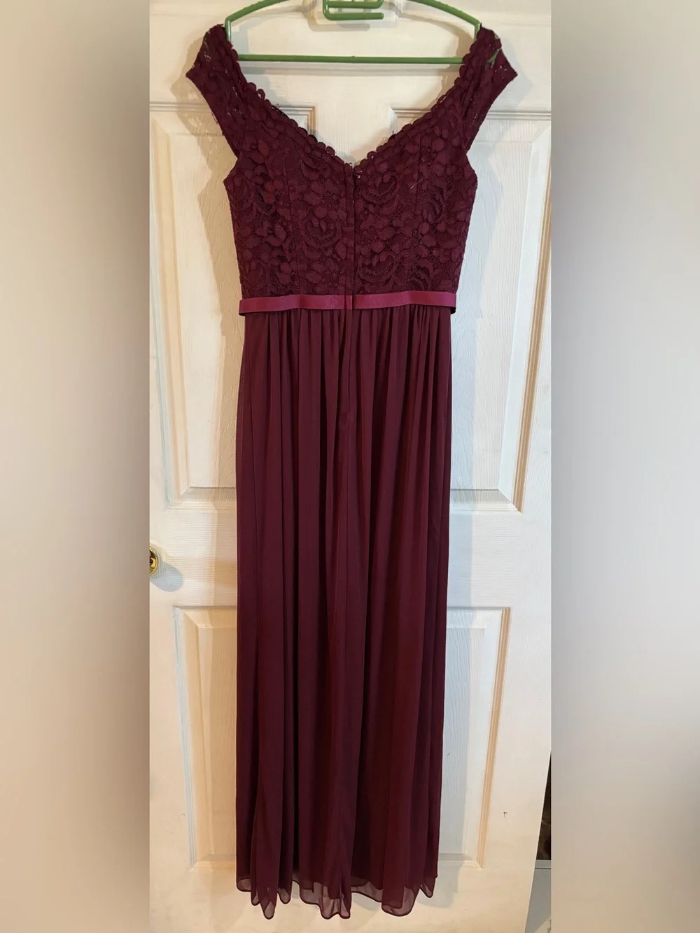 David's Bridal One-Shoulder Lace & Chiffon Gown in Burgundy